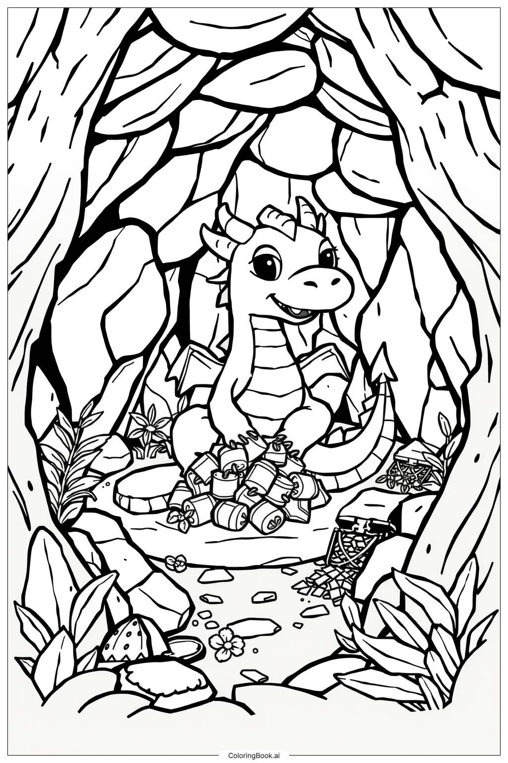  Page de coloriage Antre de Dragon Réaliste 