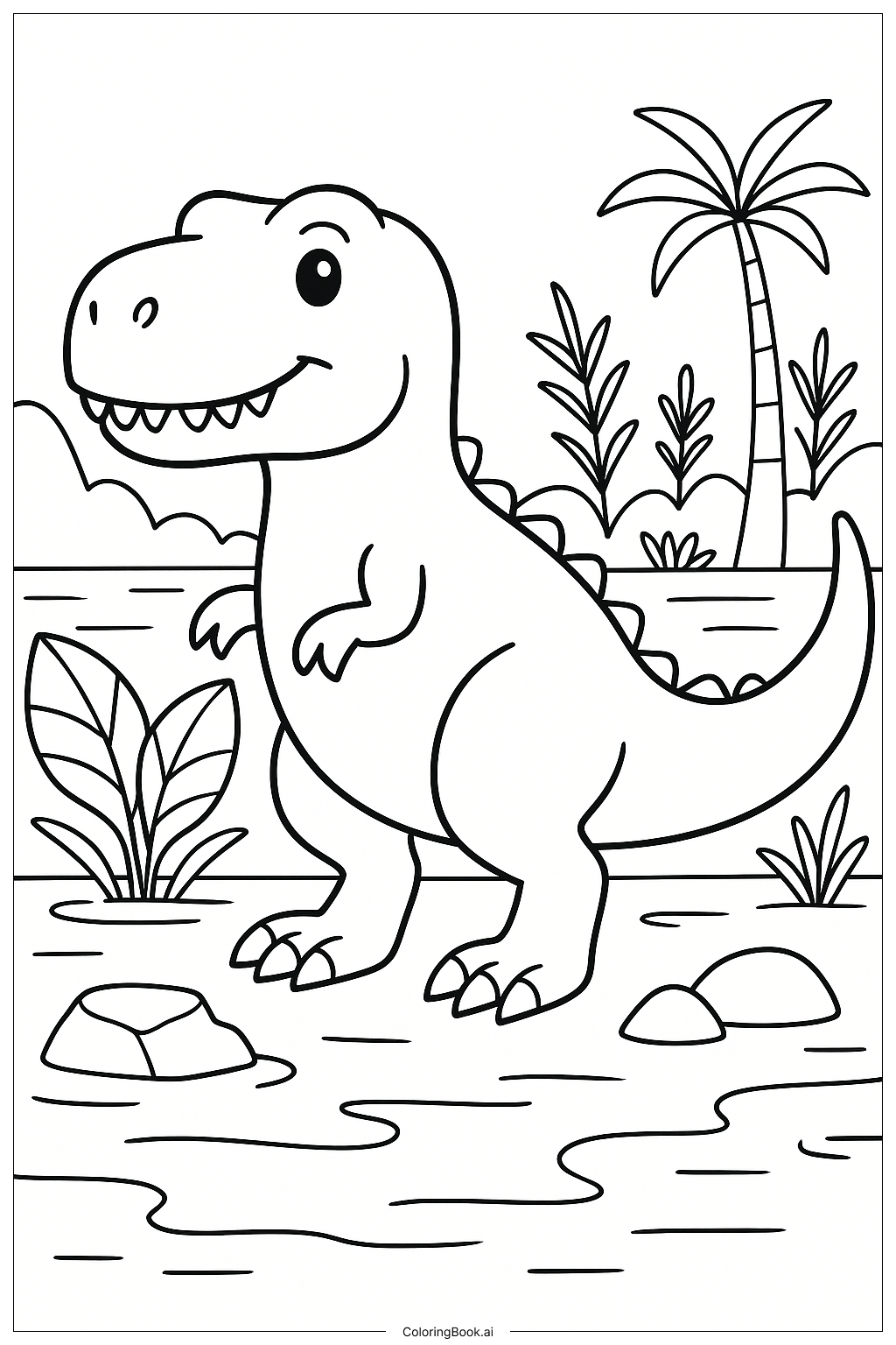  Página para colorir de T-Rex em um Pântano Pré-Histórico 