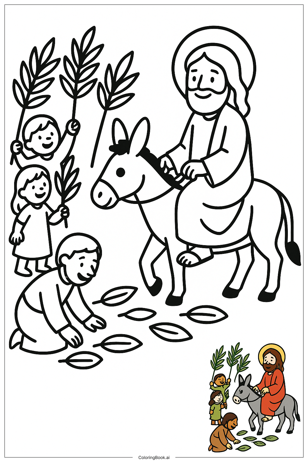  Página para colorear de Montaje de burros del Domingo de Ramos en la Biblia 