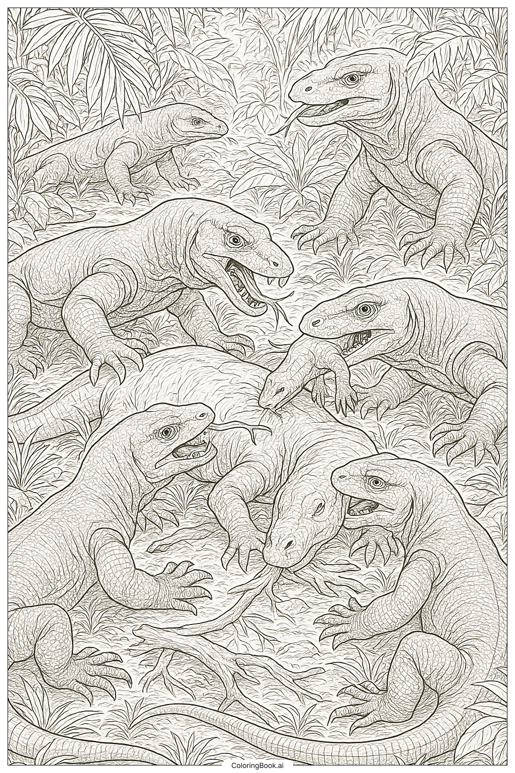 Eine Gruppe von Komodowaranen beim Fressen Ausmalseite