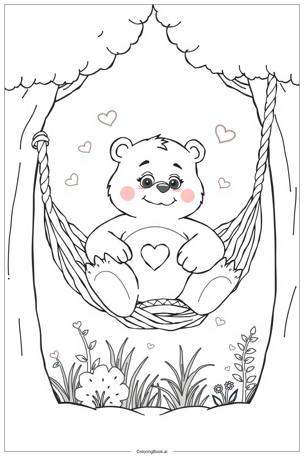  Página para colorear de Care Bear relajado en una hamaca-2 