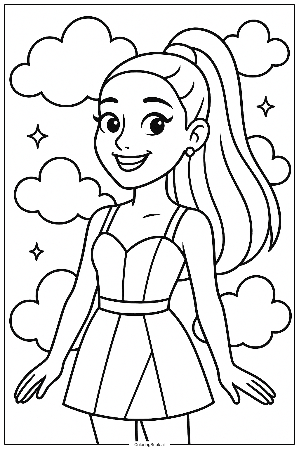  Página para colorear de Ariana Grande rodeada de nubes rosas 