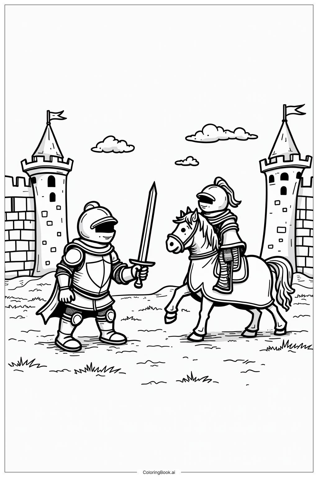  Page de coloriage Scène de Tournoi de Chevaliers au Château 