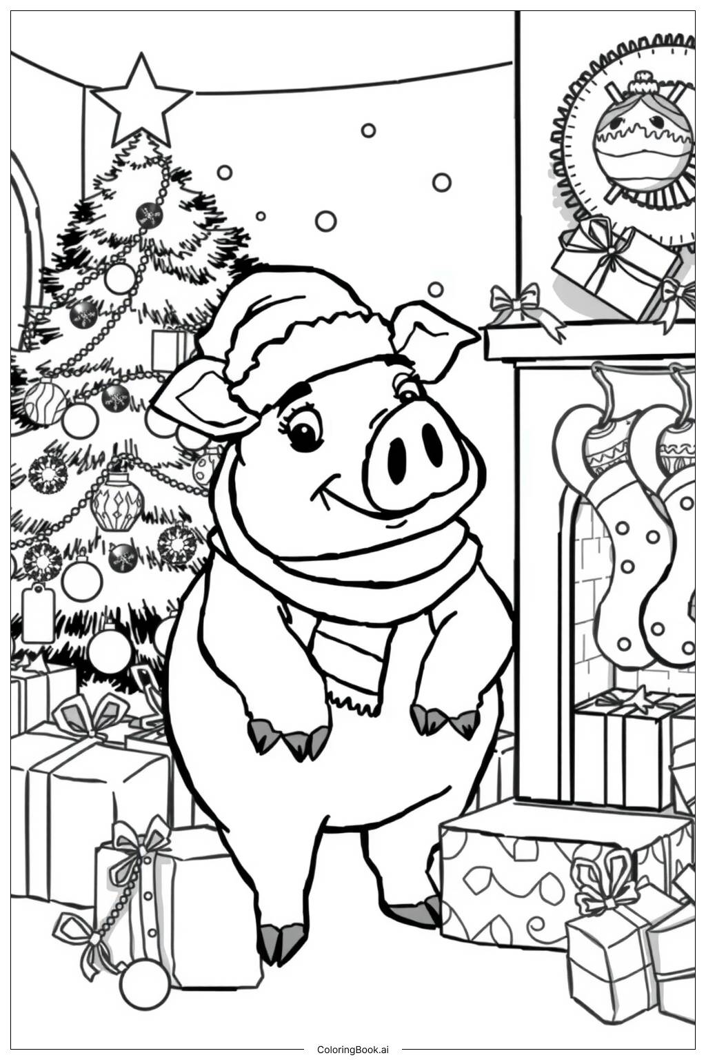  Page de coloriage Cochon de Noël avec Décorations de Vacances-2 