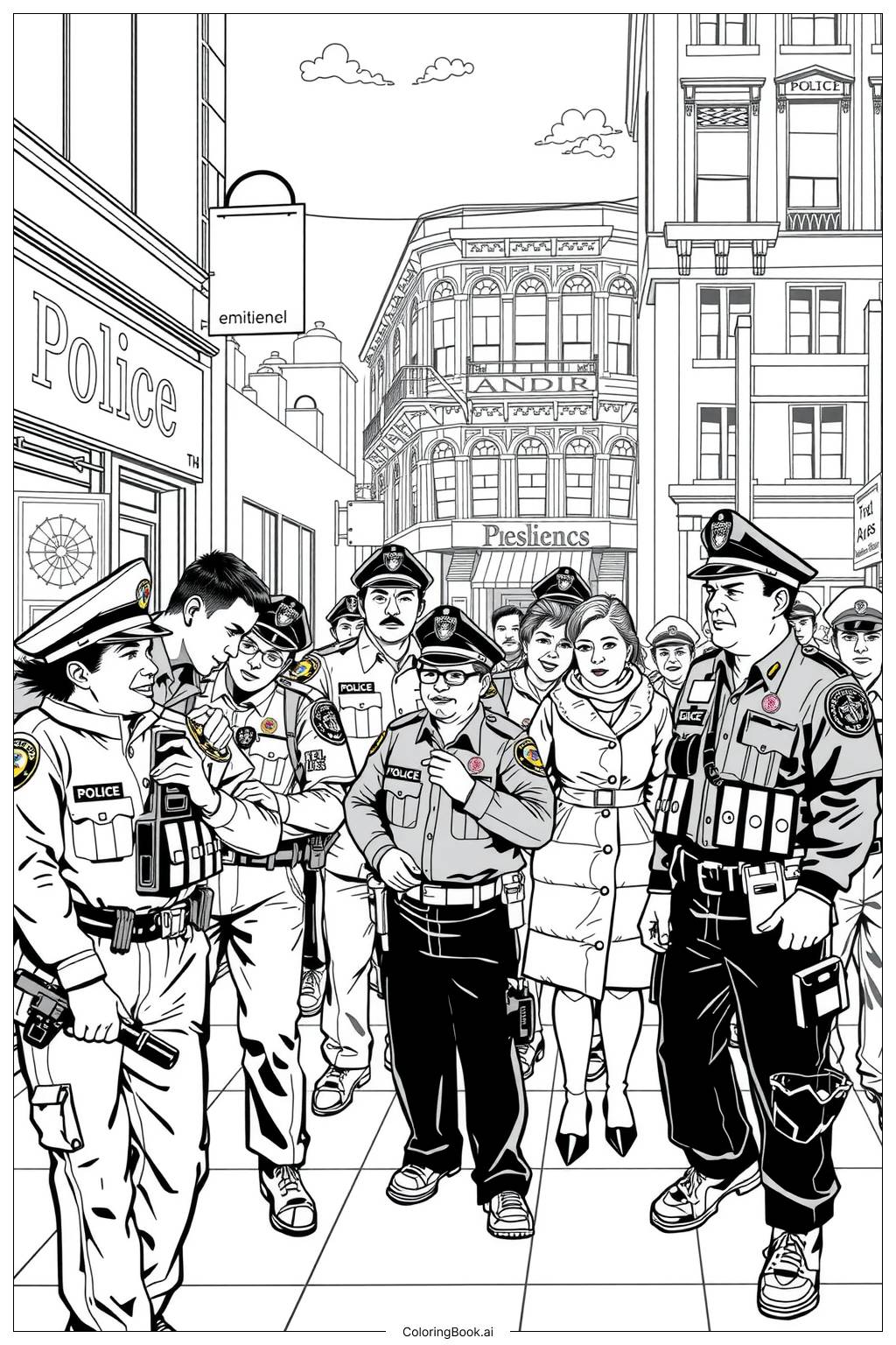  Police Officers Helping the Community Coloring Page 