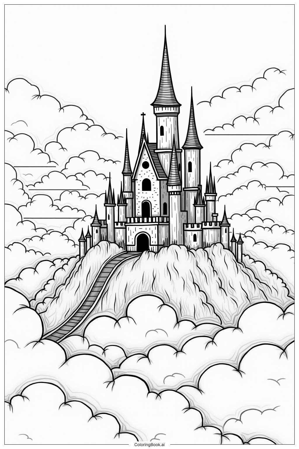  Page de coloriage Château de Licorne dans le Royaume des Nuages 