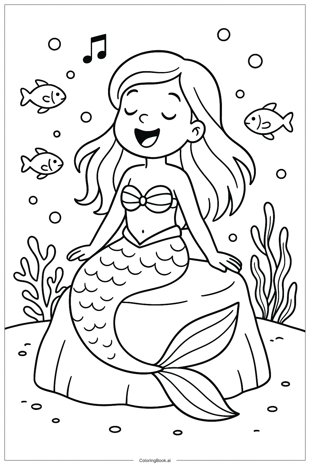  Singing Mermaid On A Rock Under The Sea Coloring Page 