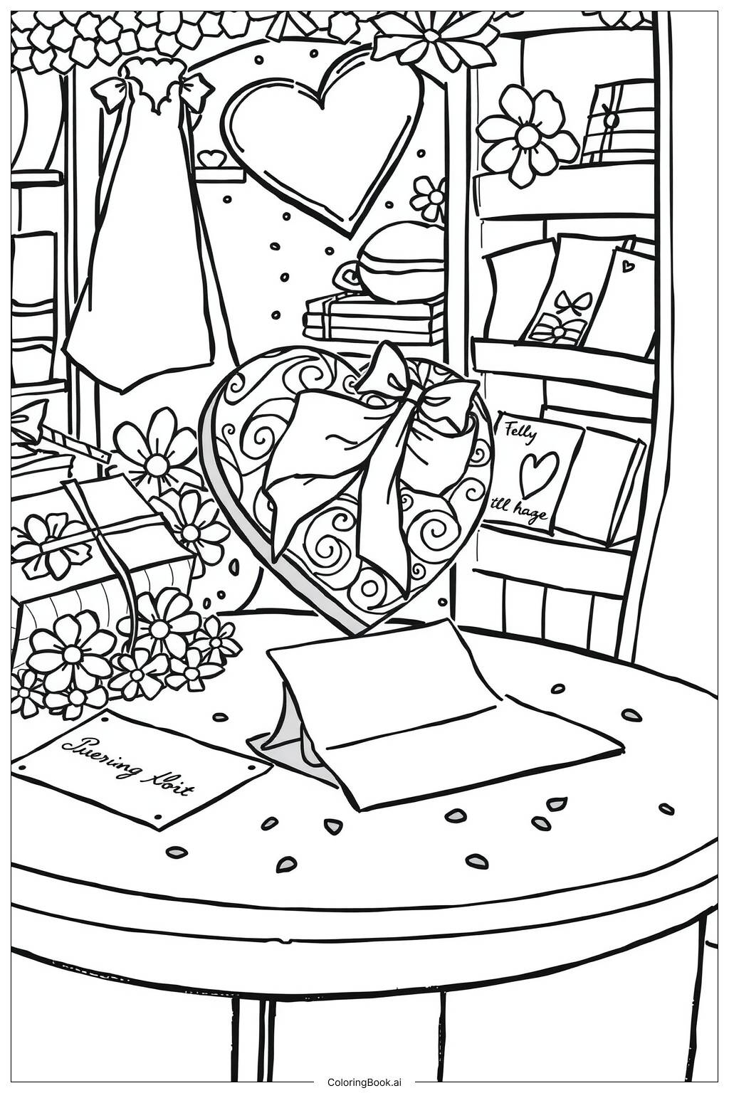  Page de coloriage Cadeau en Forme de Cœur Surprise 