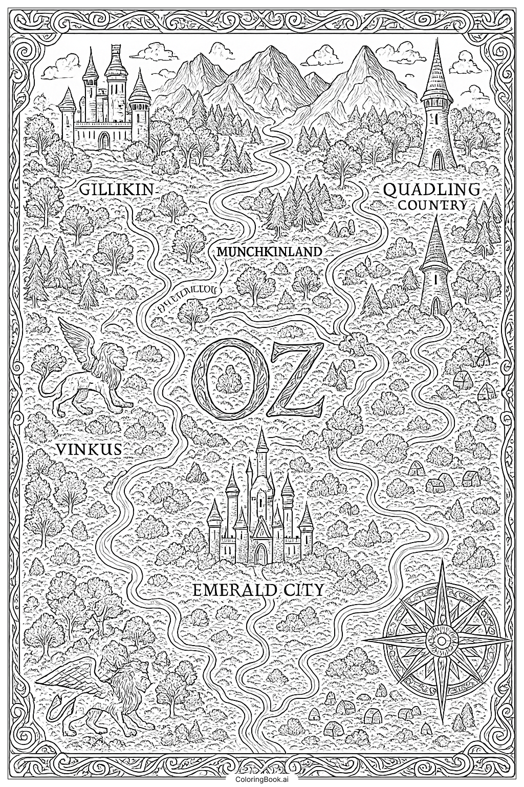  Página para colorir de Um Mapa Detalhado e Maligno de Oz 
