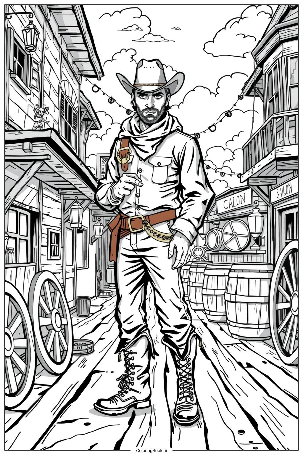  Cowboy exploring a dusty old town Coloring Page 