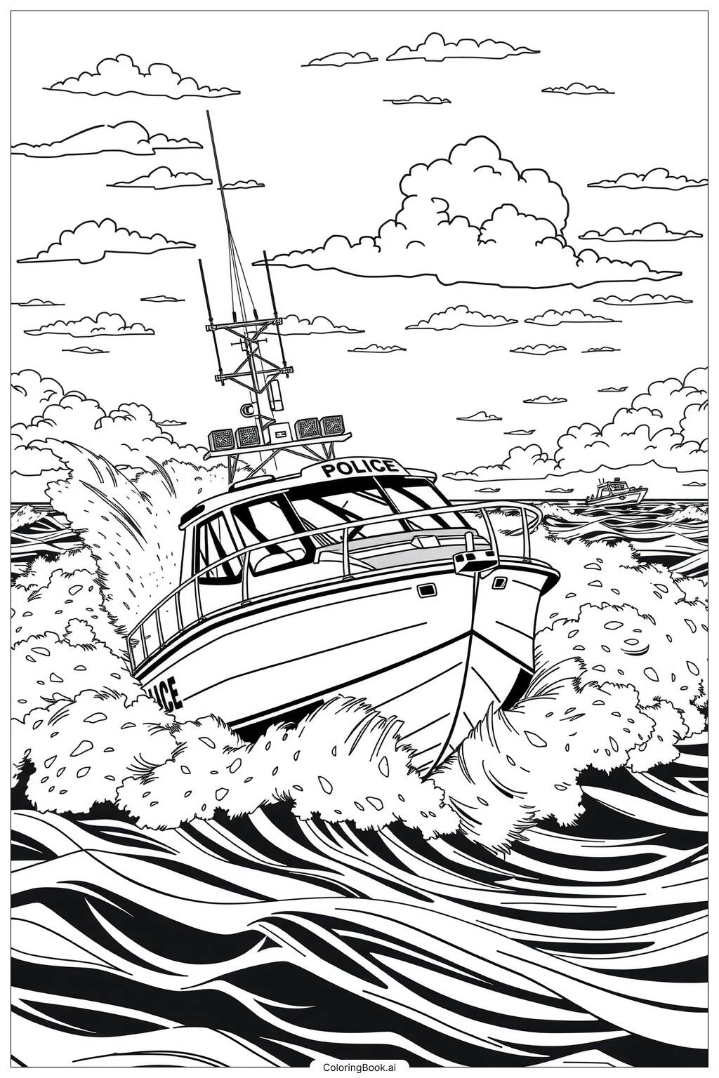  Page de coloriage Bateau de Police Poursuivant un Bateau Rapide 