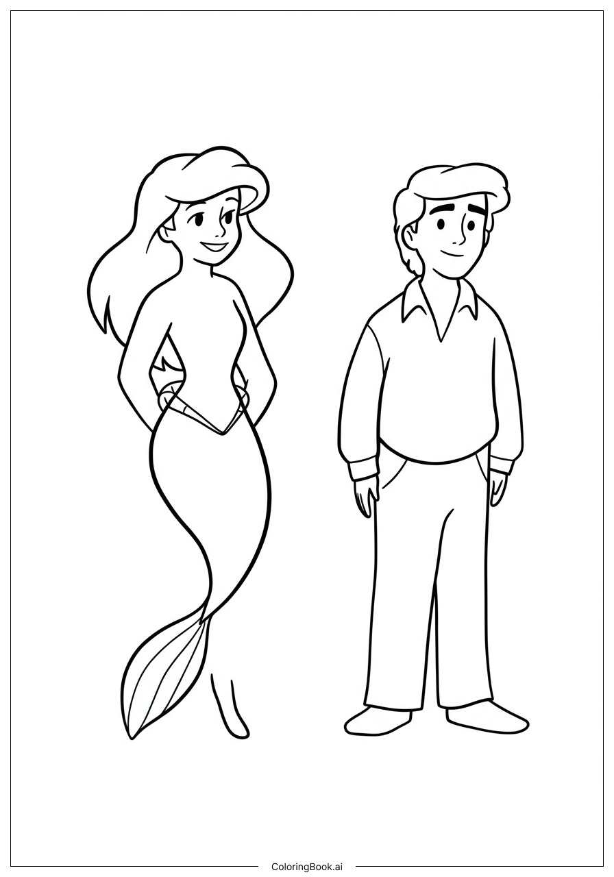  Página para colorear de Ariel y Eric de pie en una playa 