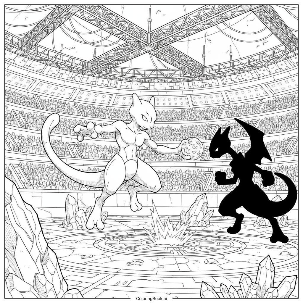  Page de coloriage Mewtwo combattant contre Dracaufeu dans un stade bondé 