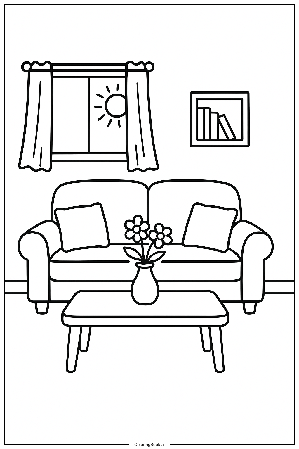  Page de coloriage Un salon chaleureux avec un canapé 