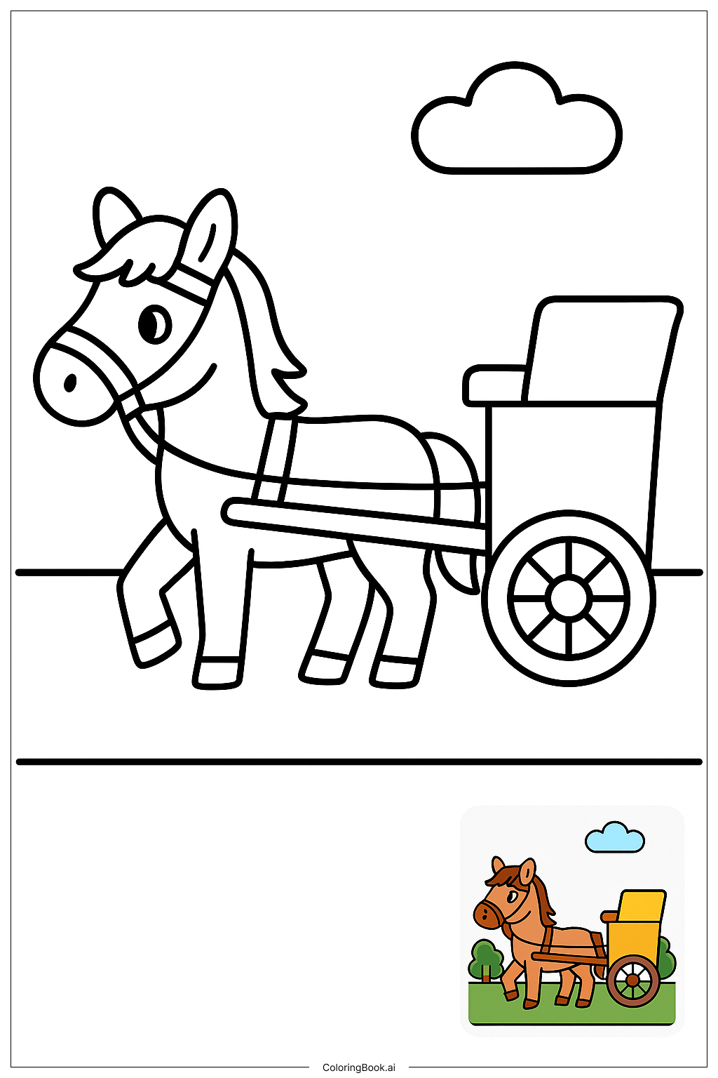  公園で馬車を引いている馬の塗り絵ページ 