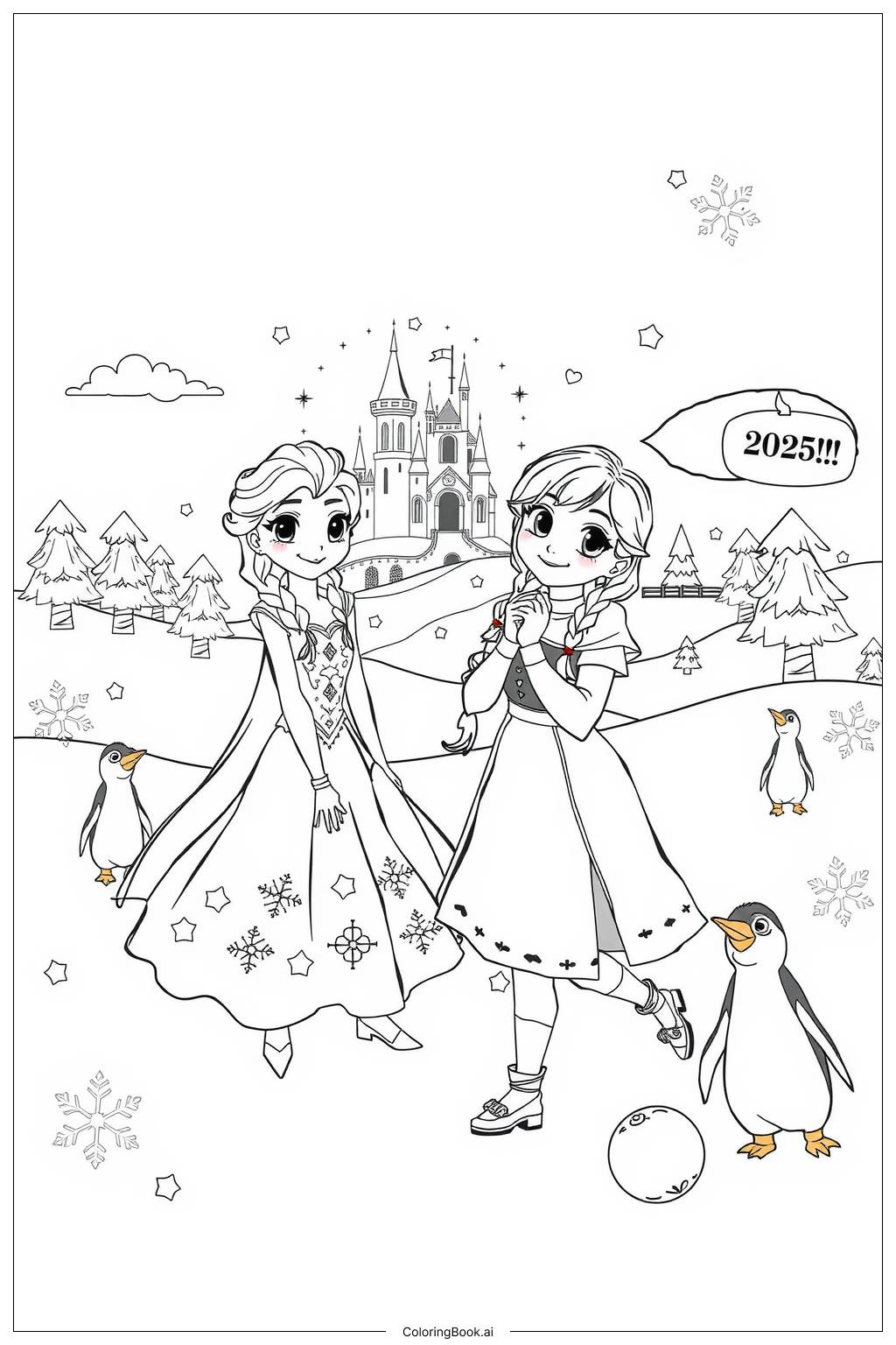  Elsa and Anna celebrate 2025 Coloring Page 