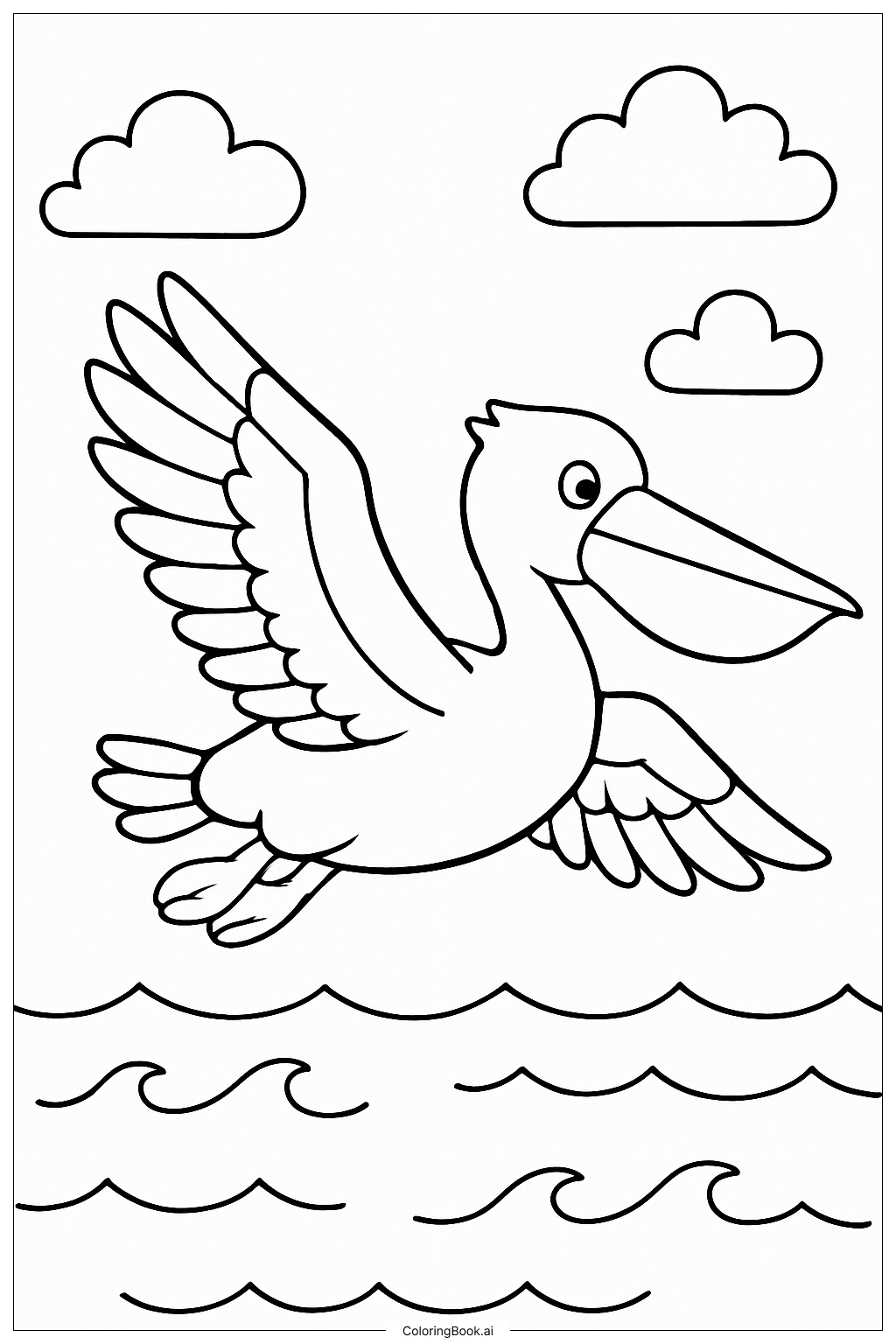  海洋上空飞翔的鹈鹕填色页 