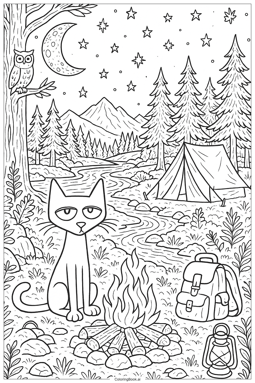  皮特猫在星空下露营填色页 