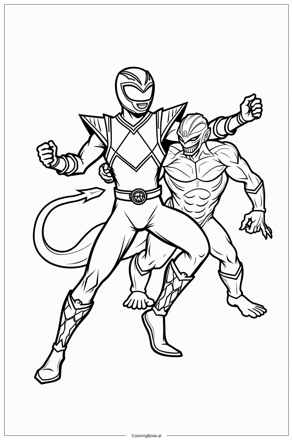  Power Rangers Group Fighting Monster Coloring Page 