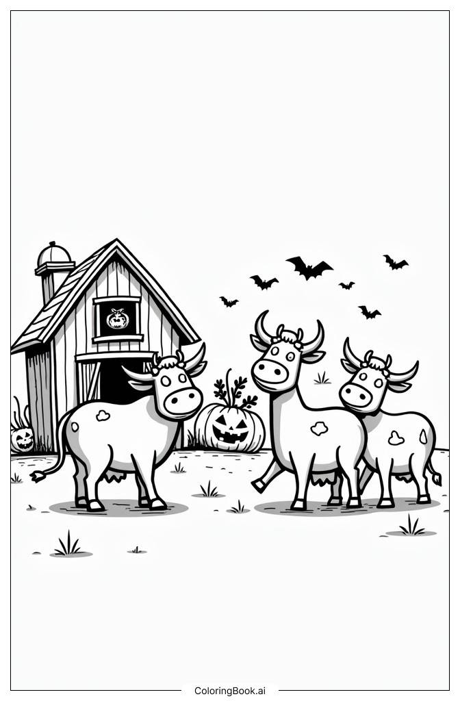  Página para colorir de Vacas dançando na festa de Halloween com celeiro decorado 