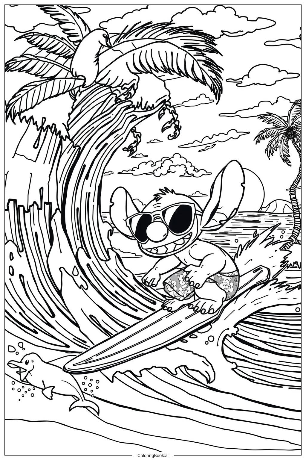  Page de coloriage Stitch Surfant sur la Plage 