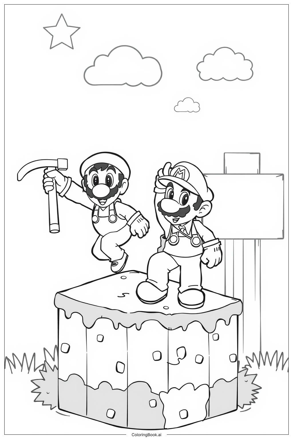  Mario and Luigi Playing in a Minecraft-Inspired World Coloring Page 