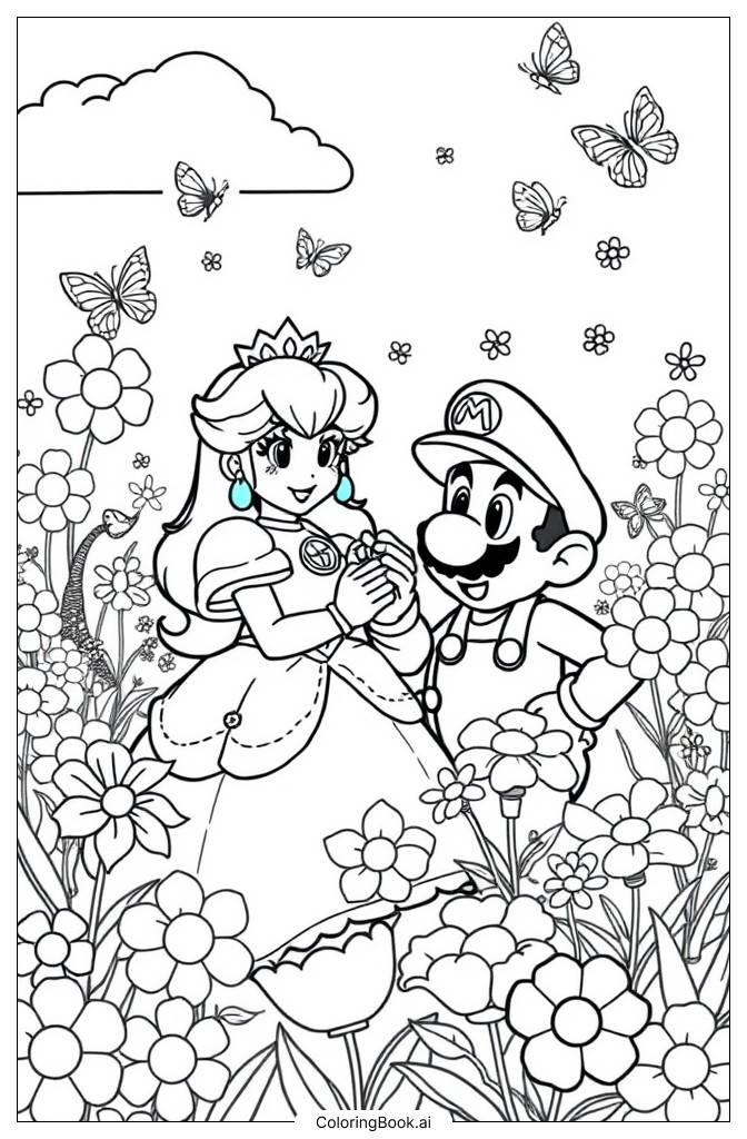  Prinzessin Peach und Mario in einem Blumengarten Ausmalseite 