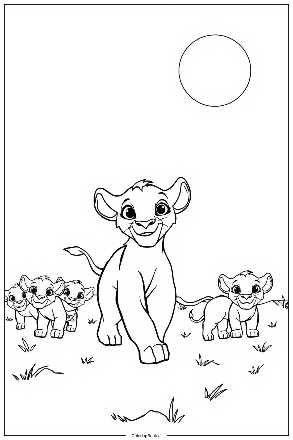  Page de coloriage le roi lion Nala conduisant la fierté à travers la savane 