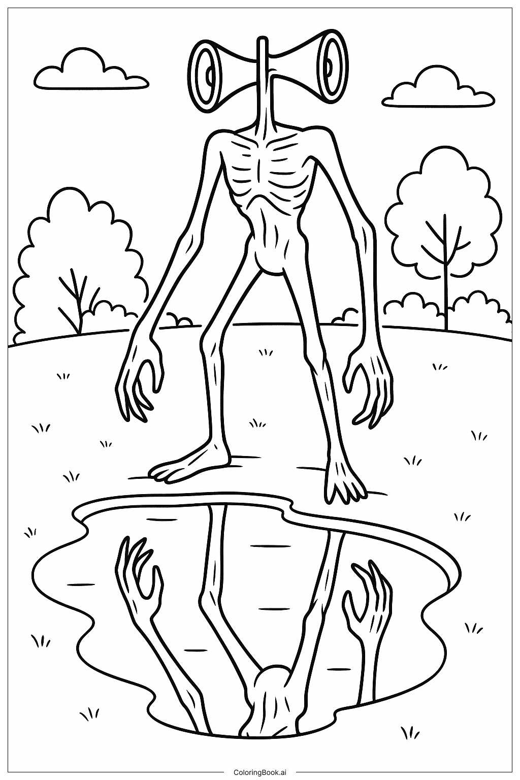  Page de coloriage Siren Head reflété dans l'eau 