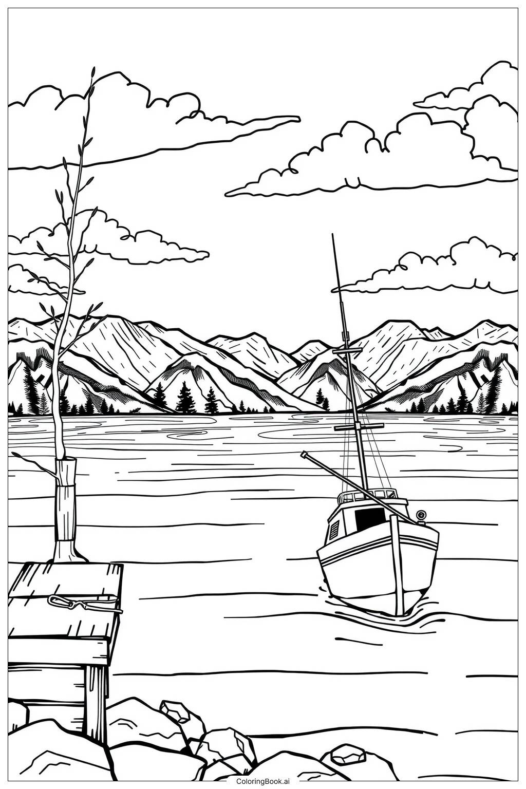  Page de coloriage Bateau de pêche sur un lac calme-2 