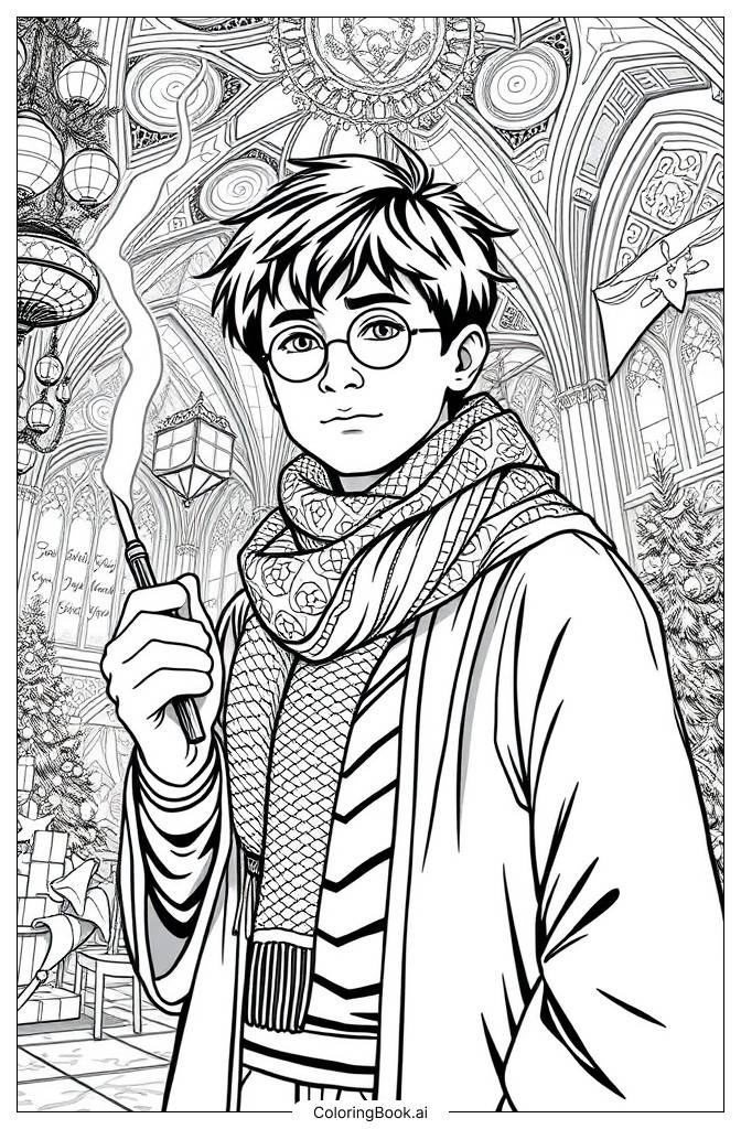  Page de coloriage Harry Potter dans la Grande Salle de Poudlard 