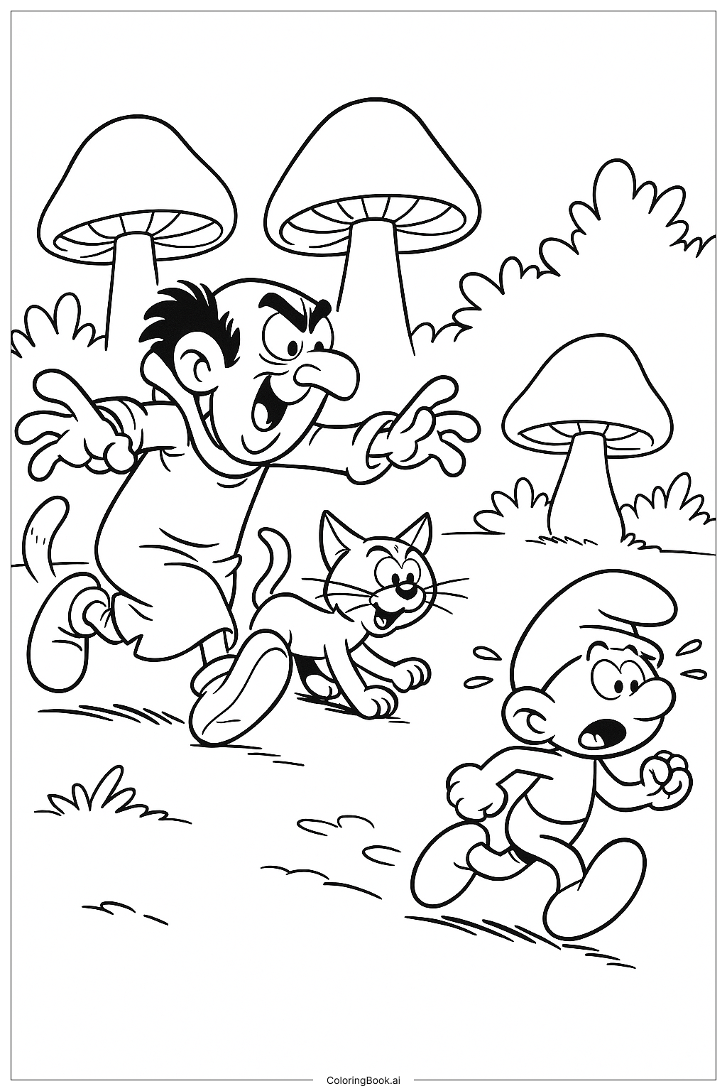  Página para colorir de Gargamel e Azrael Perseguindo um Smurf 