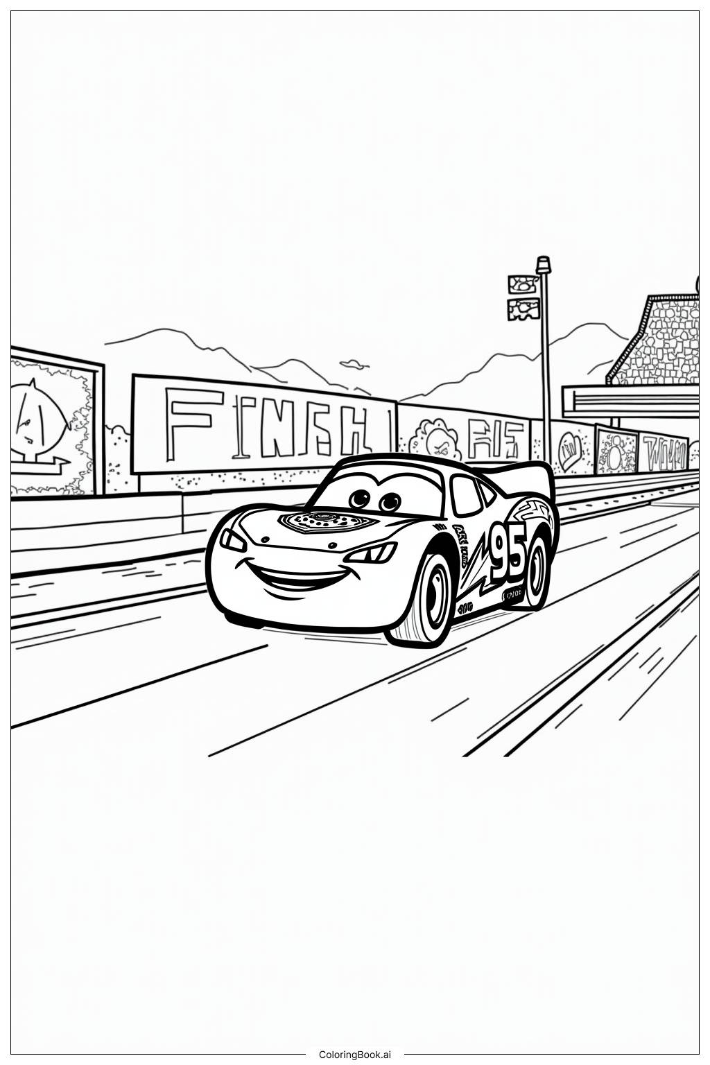  Página para colorear de Lightning McQueen Ganando la Copa Pistón 