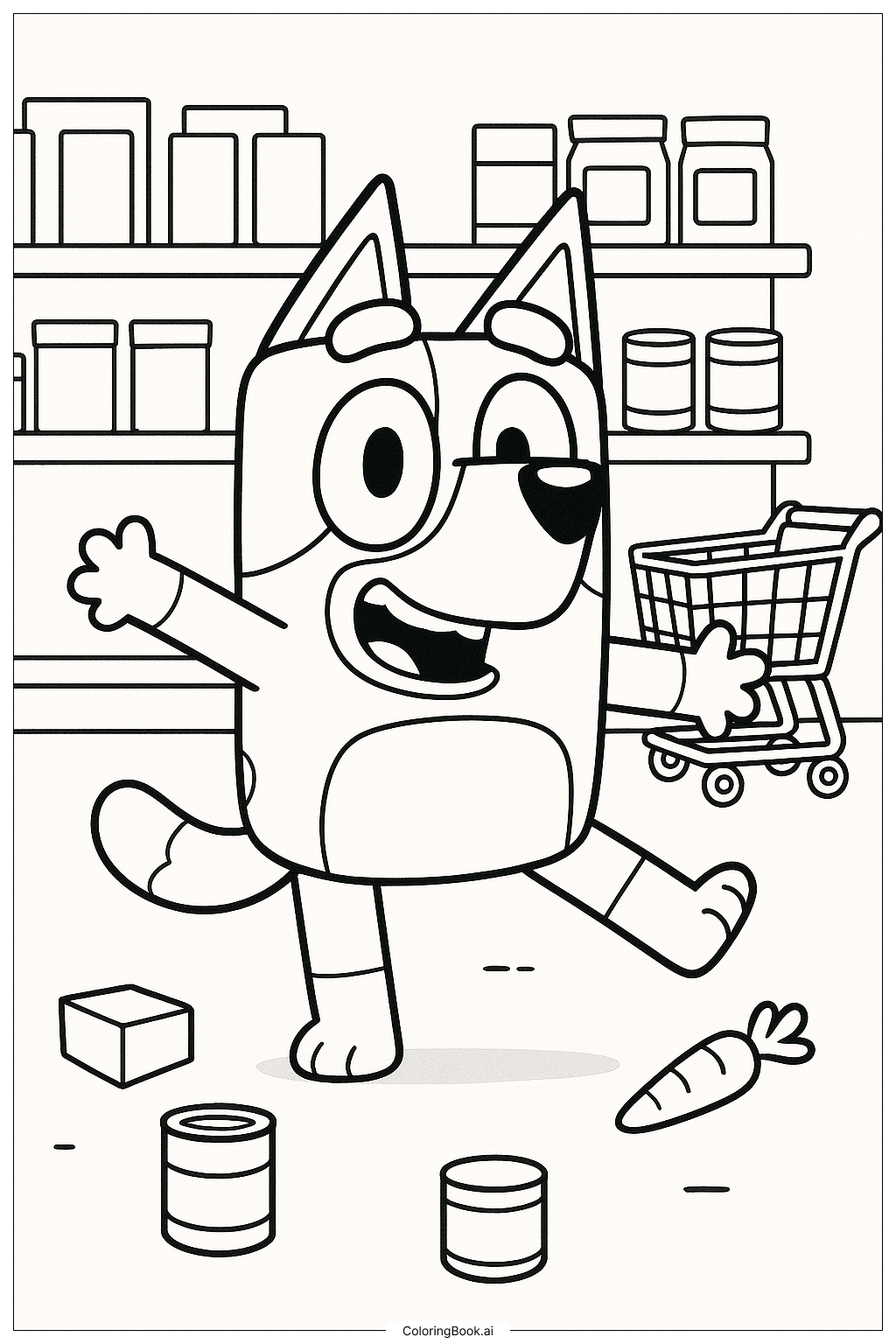  Page de coloriage Bluey en mode danse au supermarché 