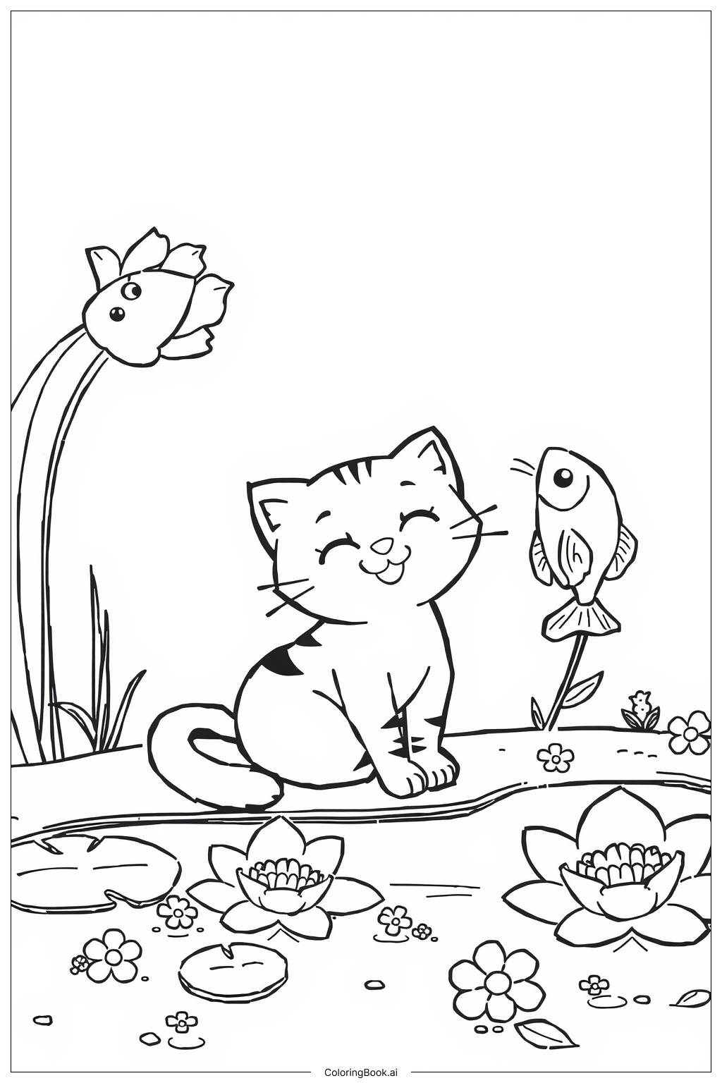  Cat Catching Fish Coloring Page 