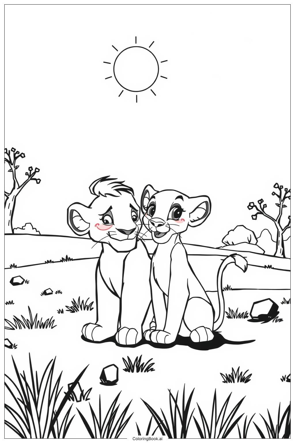  Page de coloriage le roi lion nala et simba assis ensemble 