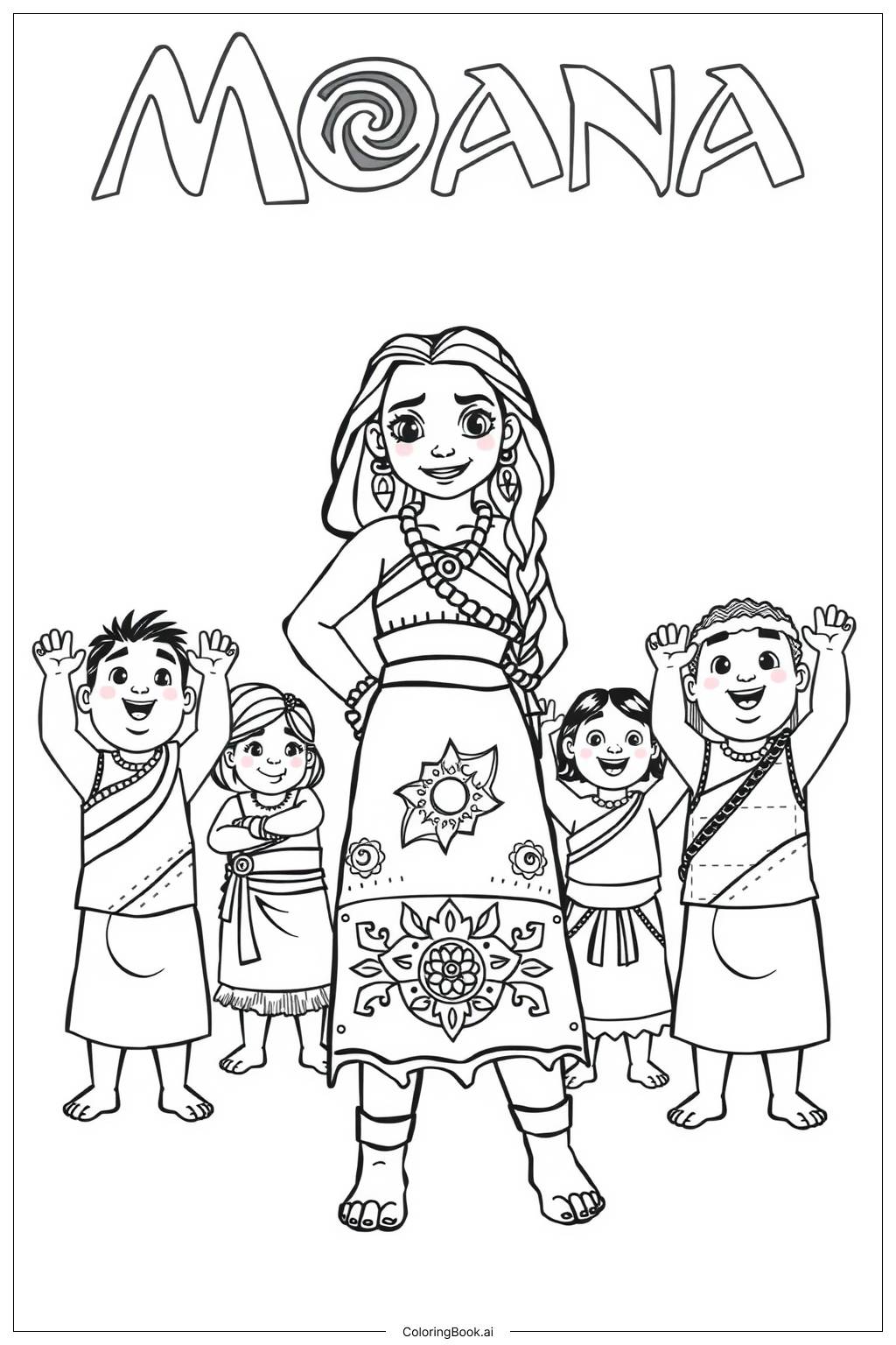  Moana celebrating with her village Coloring Page 