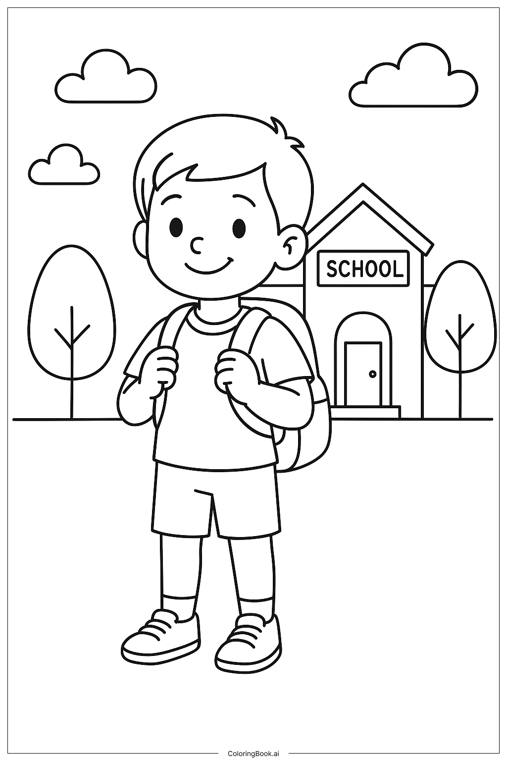  Page de coloriage Garçon avec un sac à dos le premier jour d'école 