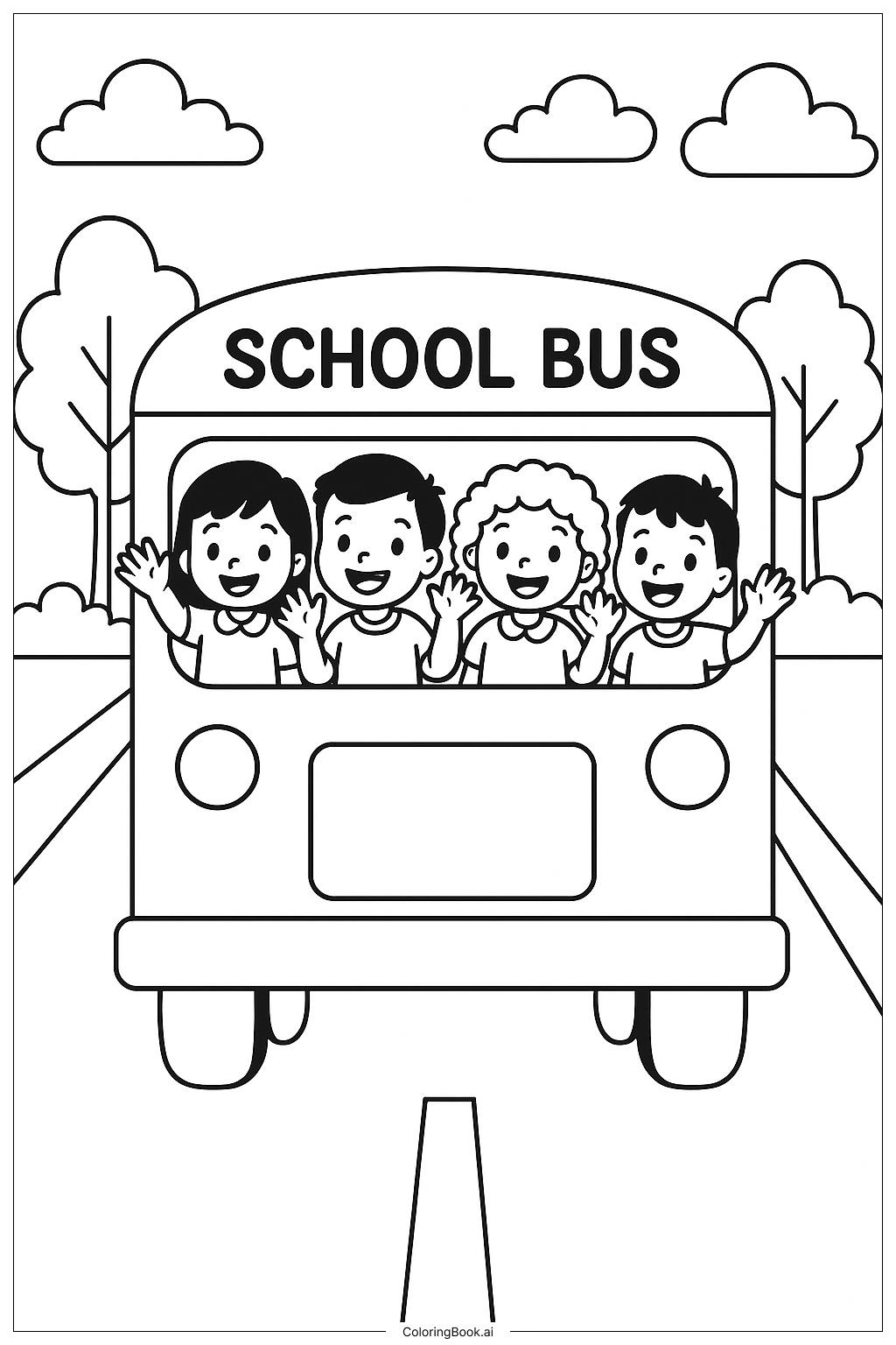  Página para colorir de Estudantes Acenando do Ônibus Escolar 
