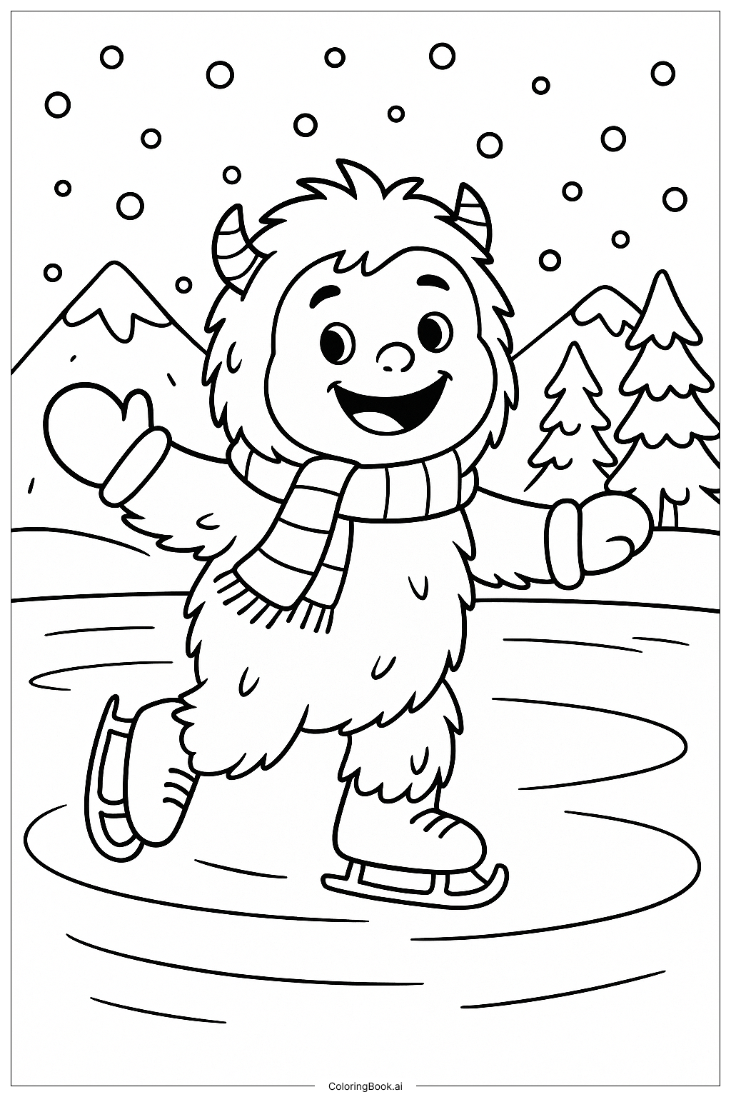  Page de coloriage Yéti patinant sur un lac gelé 