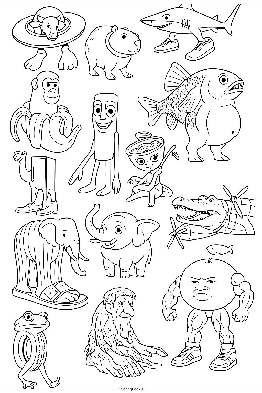  14 Italian Brainrot Characters Coloring Page 