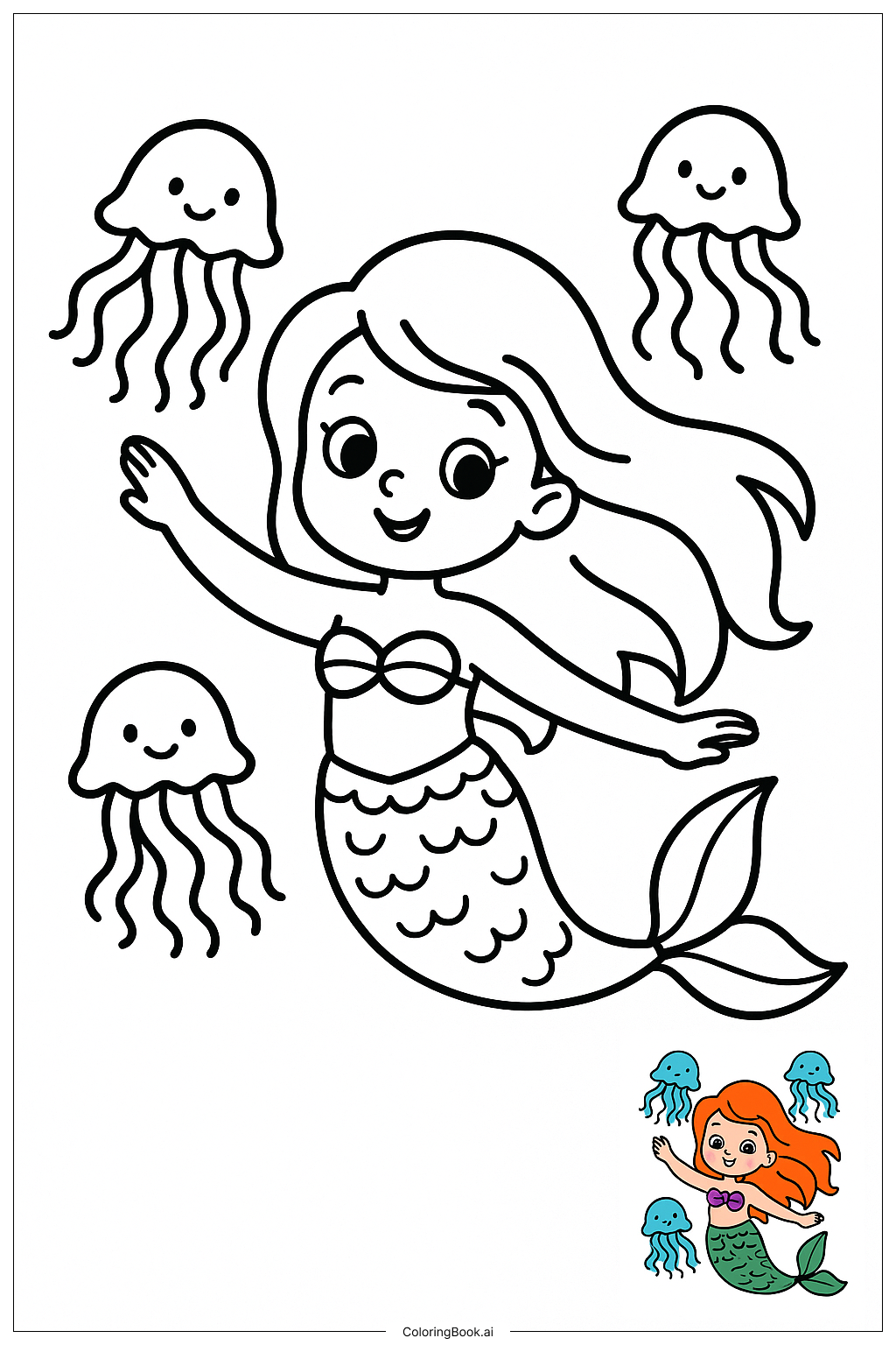  Mermaid Dancing With Jellyfish填色页 