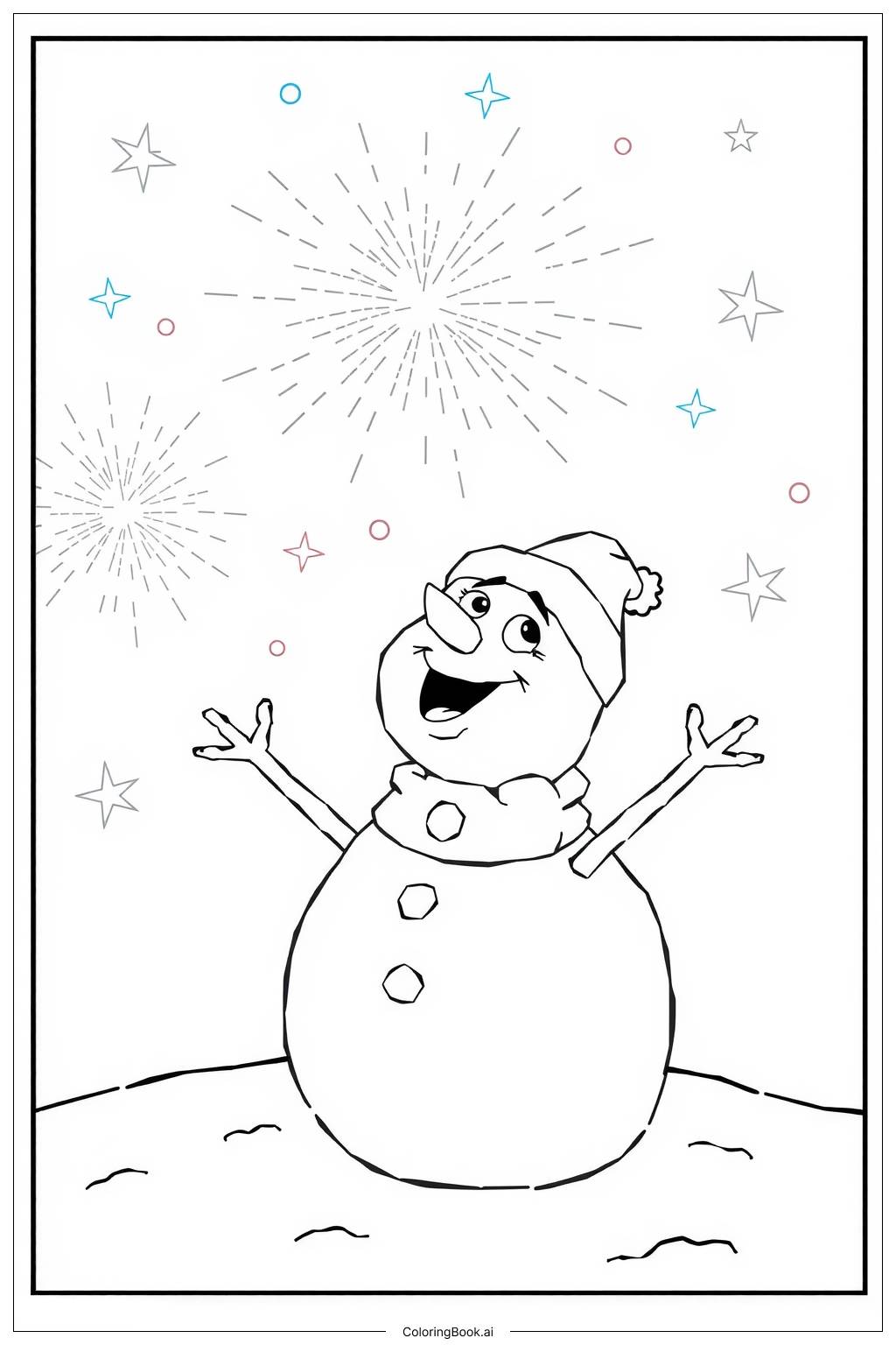  Fireworks and a Snowman in a Festive Scene-2 Coloring Page 