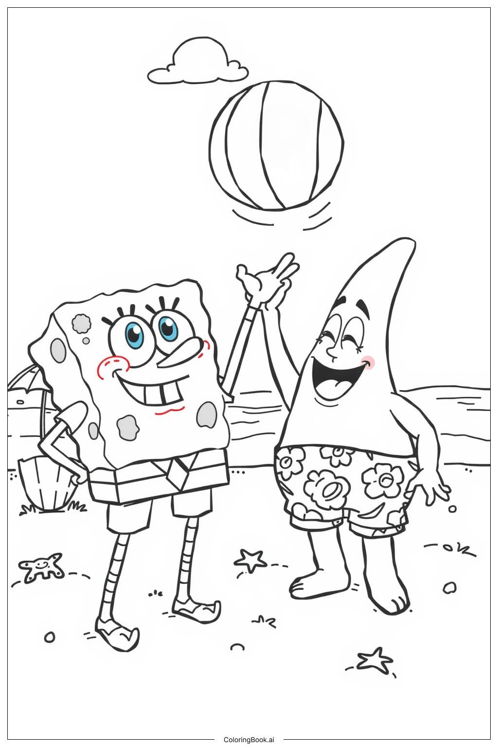  Página para colorir de SpongeBob e Patrick na Praia 