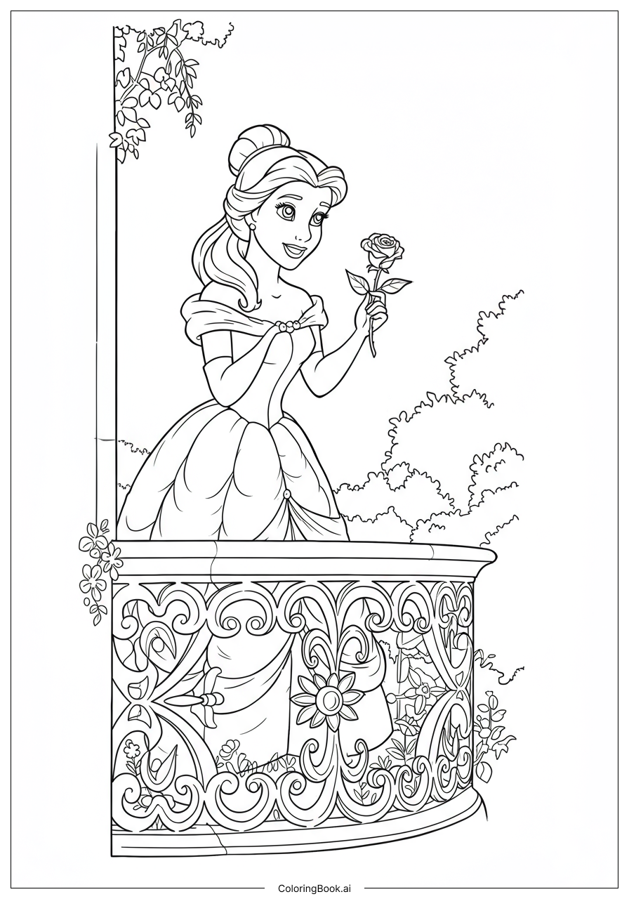  バルコニーに立つプリンセスベルの塗り絵ページ 