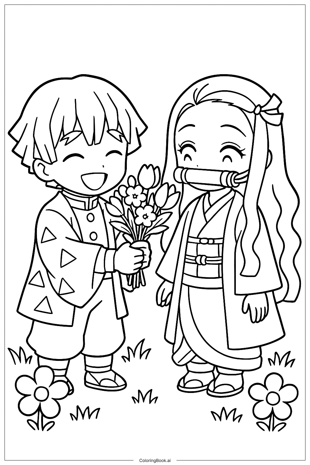  Página para colorear de Zenitsu regalando flores a Nezuko 