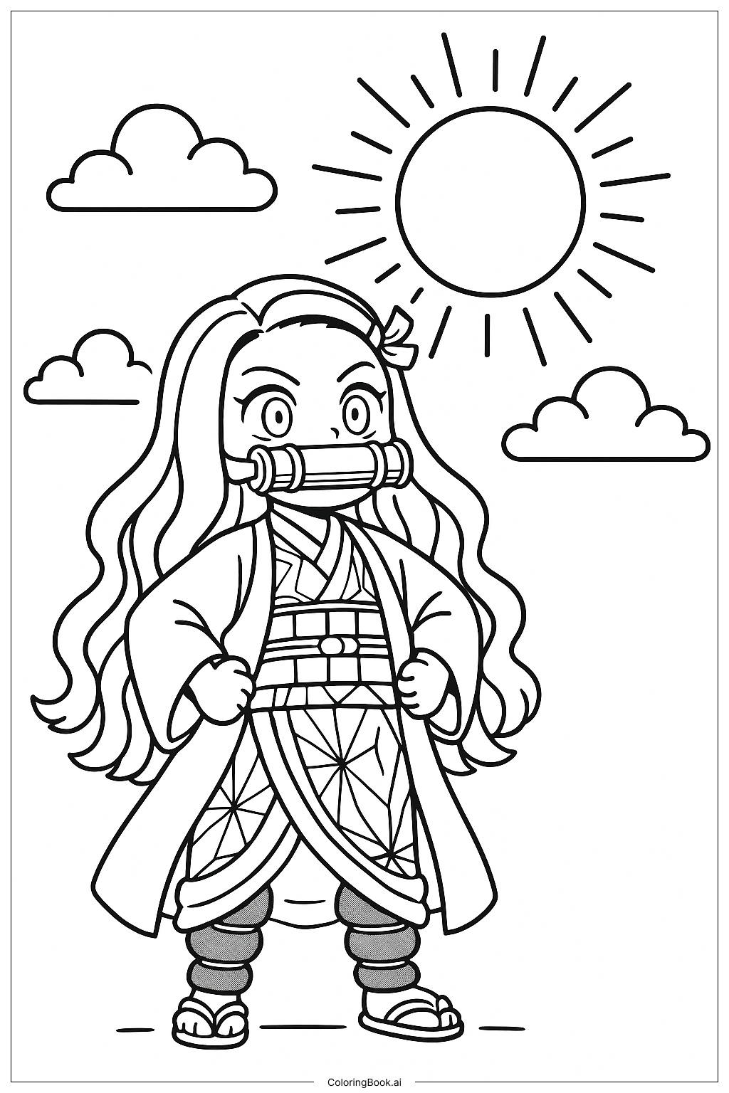 Página para colorear de Nezuko conquistando el sol