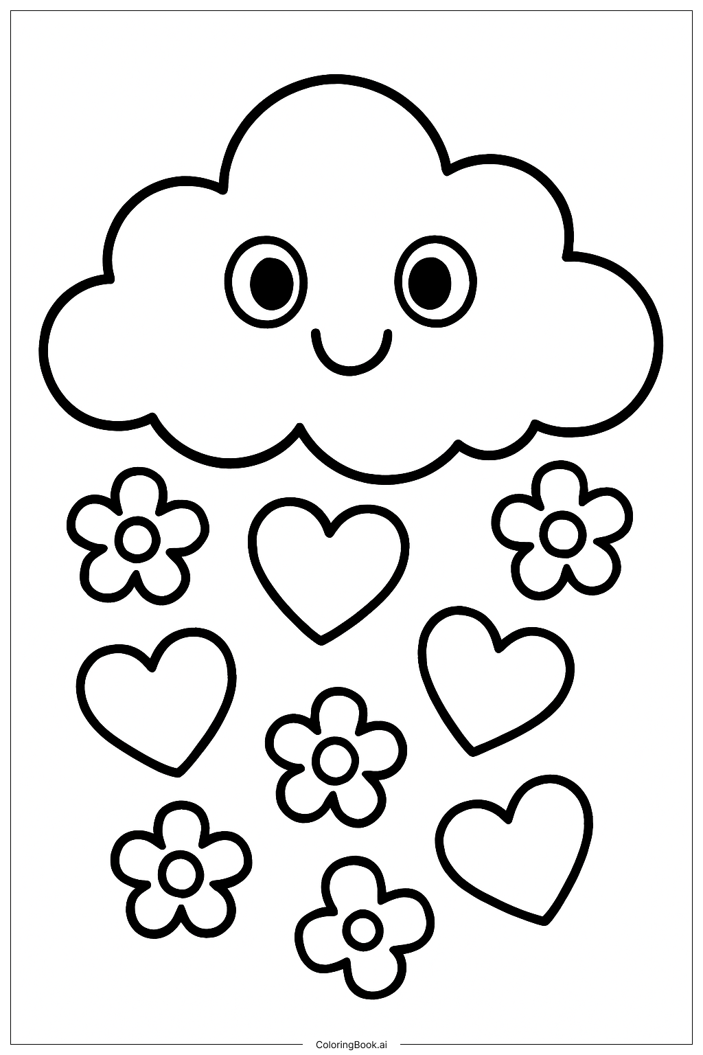  A Happy Cloud Raining Hearts and Flowers Coloring Page 