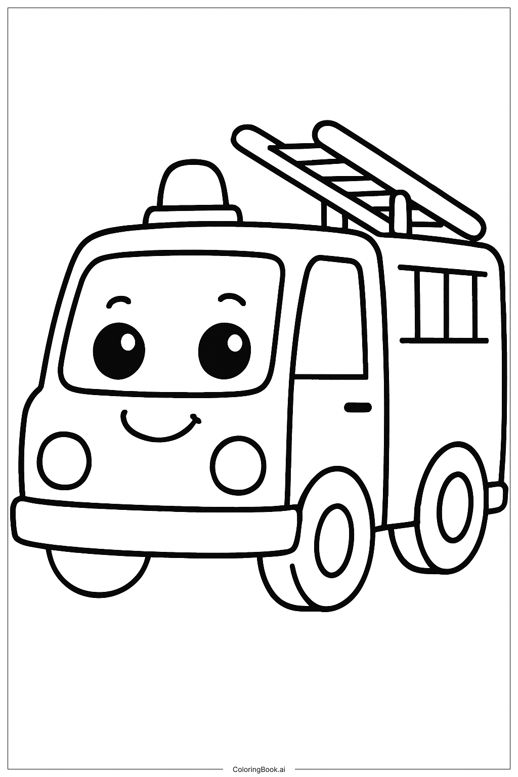 Page de coloriage Camion de pompiers mignon avec de grands yeux 