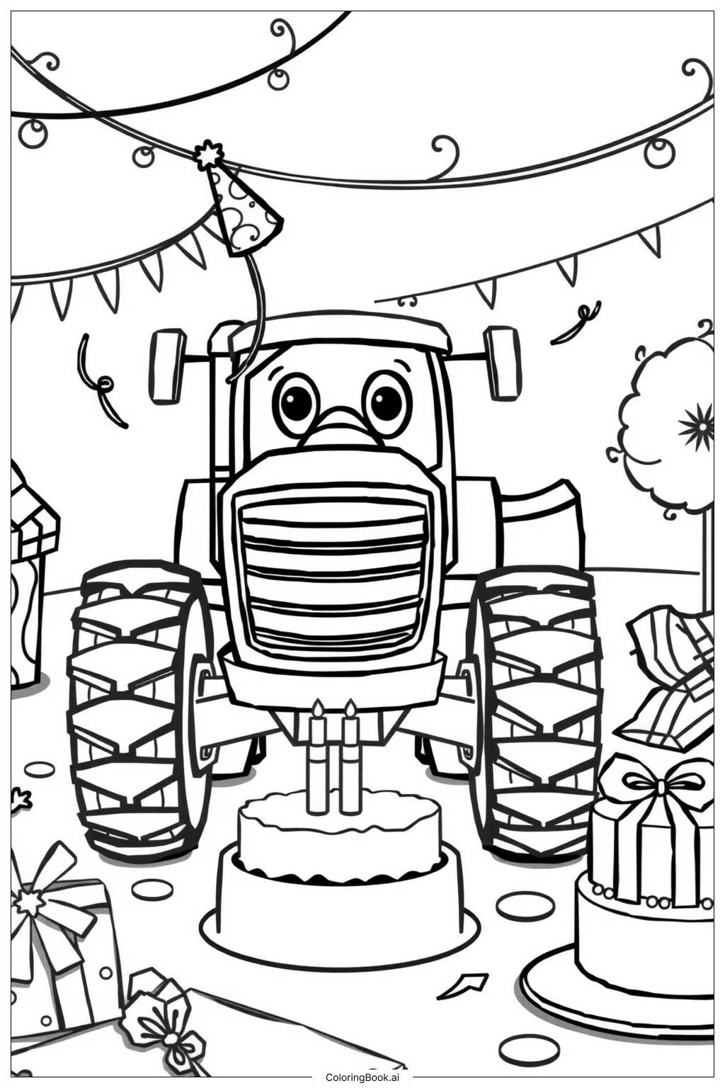  Página para colorear de Feliz Cumpleaños Celebración del Tractor 